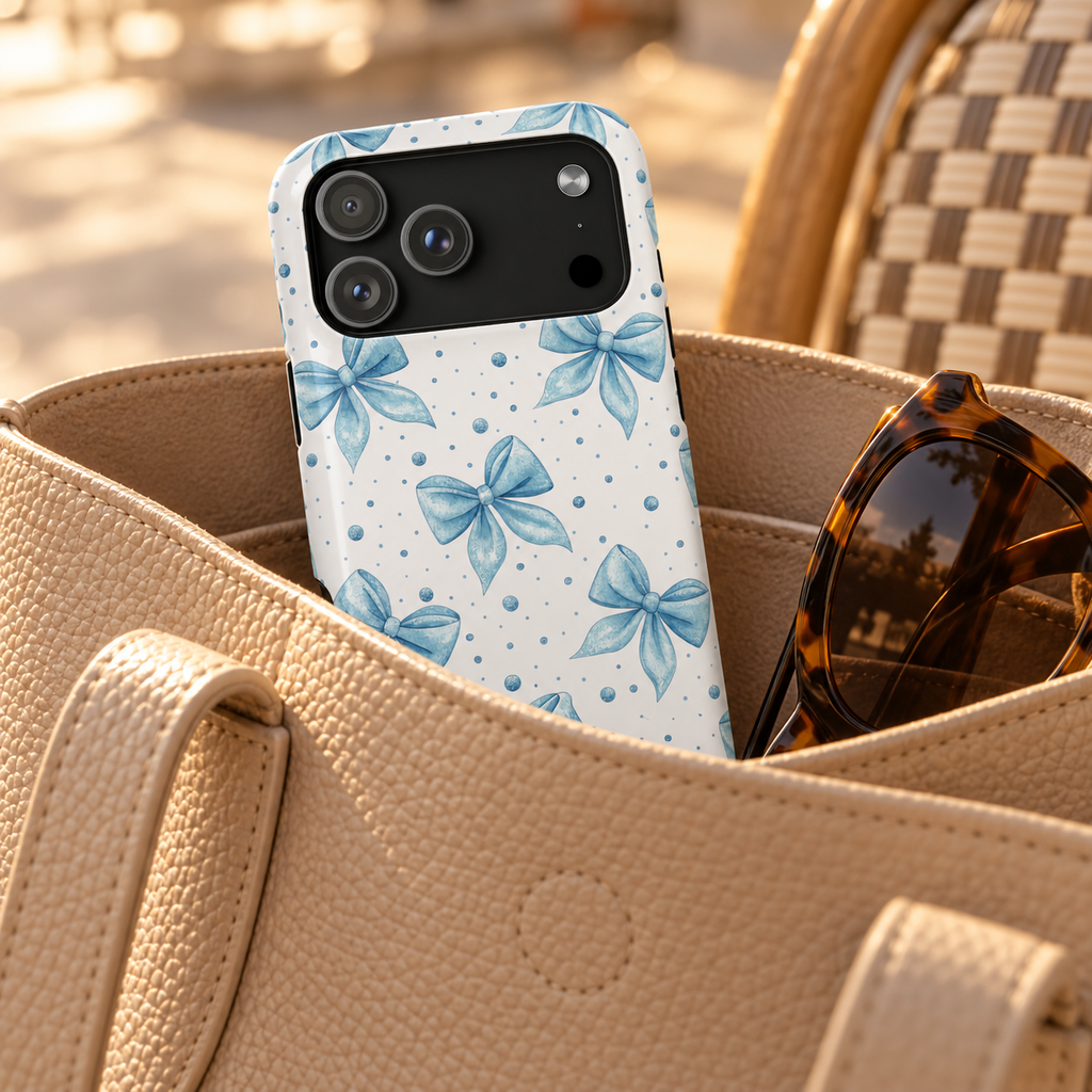 Powder Blue Bow protective phone case, powder blue bows and tiny dots on white, lifestyle photo in a handbag