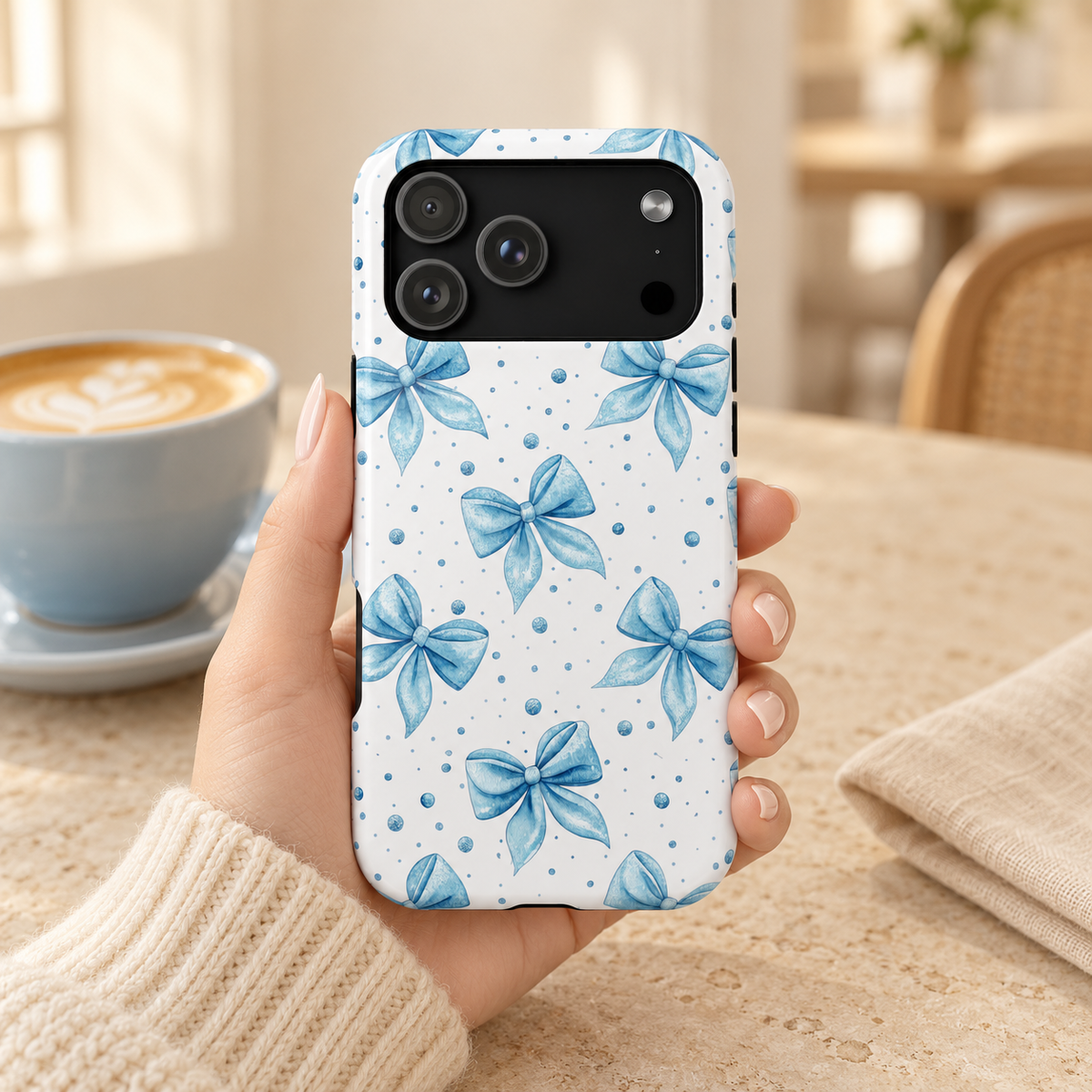 Powder Blue Bow protective phone case, powder blue bows and tiny dots on white, lifestyle photo in hand with coffee