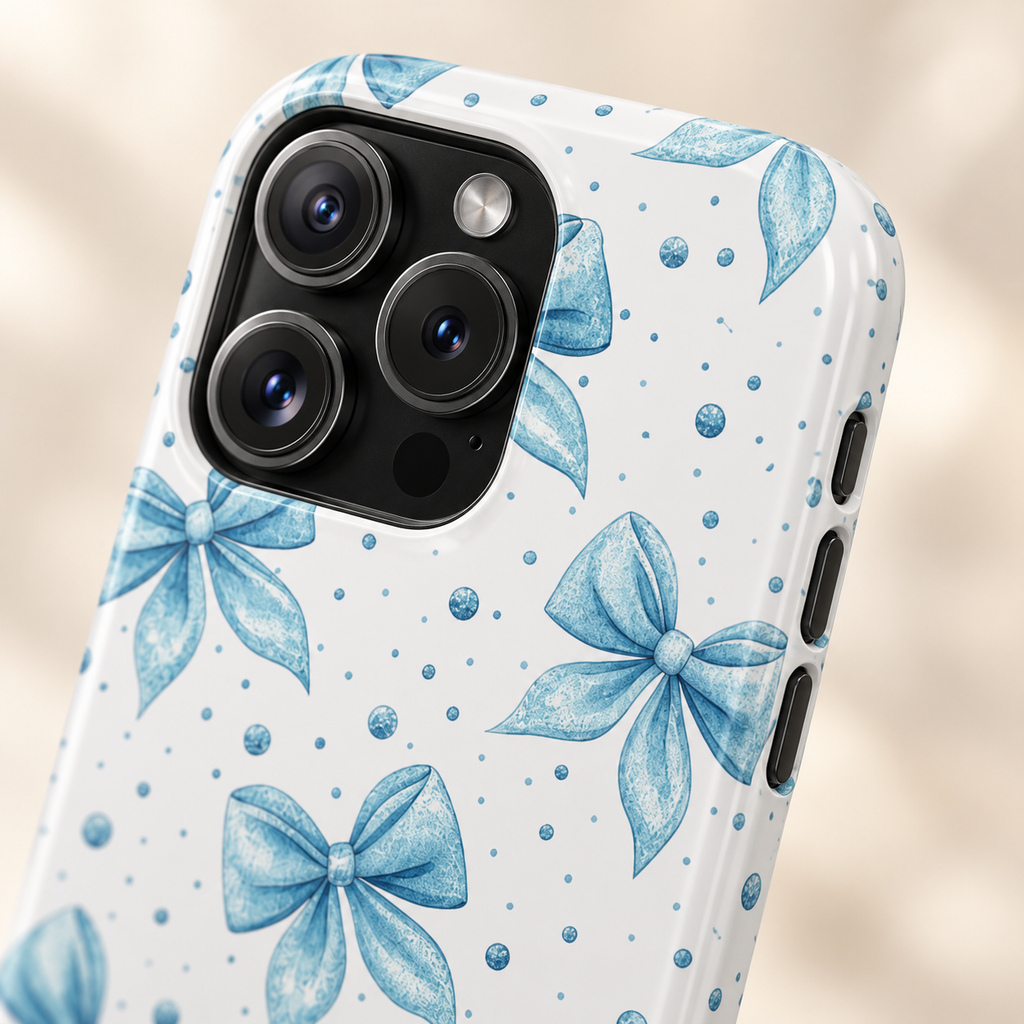 Powder Blue Bow protective phone case, powder blue bows and tiny dots on white, lifestyle close-up of the camera