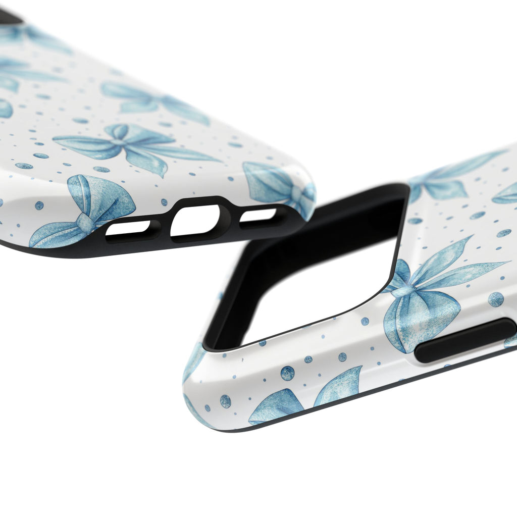 Powder Blue Bow protective phone case, close-up at an angle