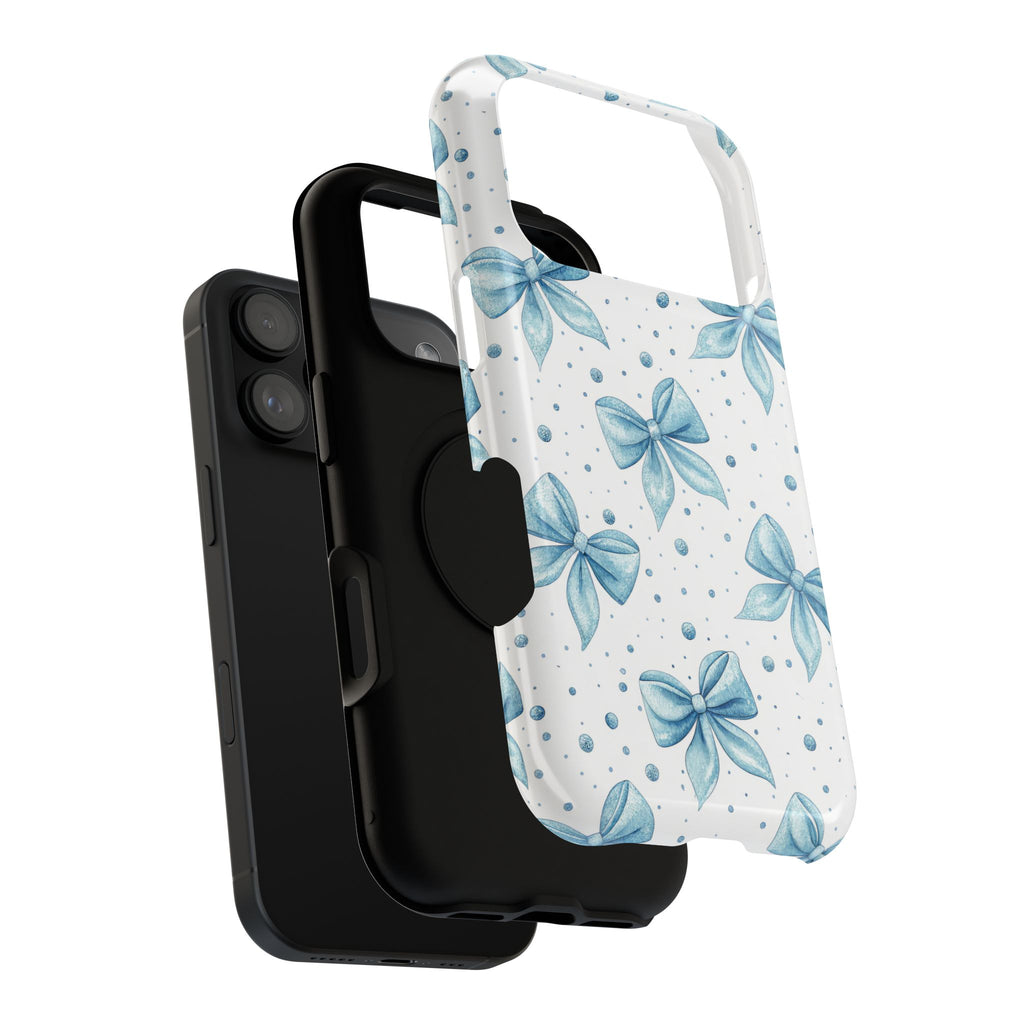 Powder Blue Bow protective phone case, close-up of the dual-layer construction