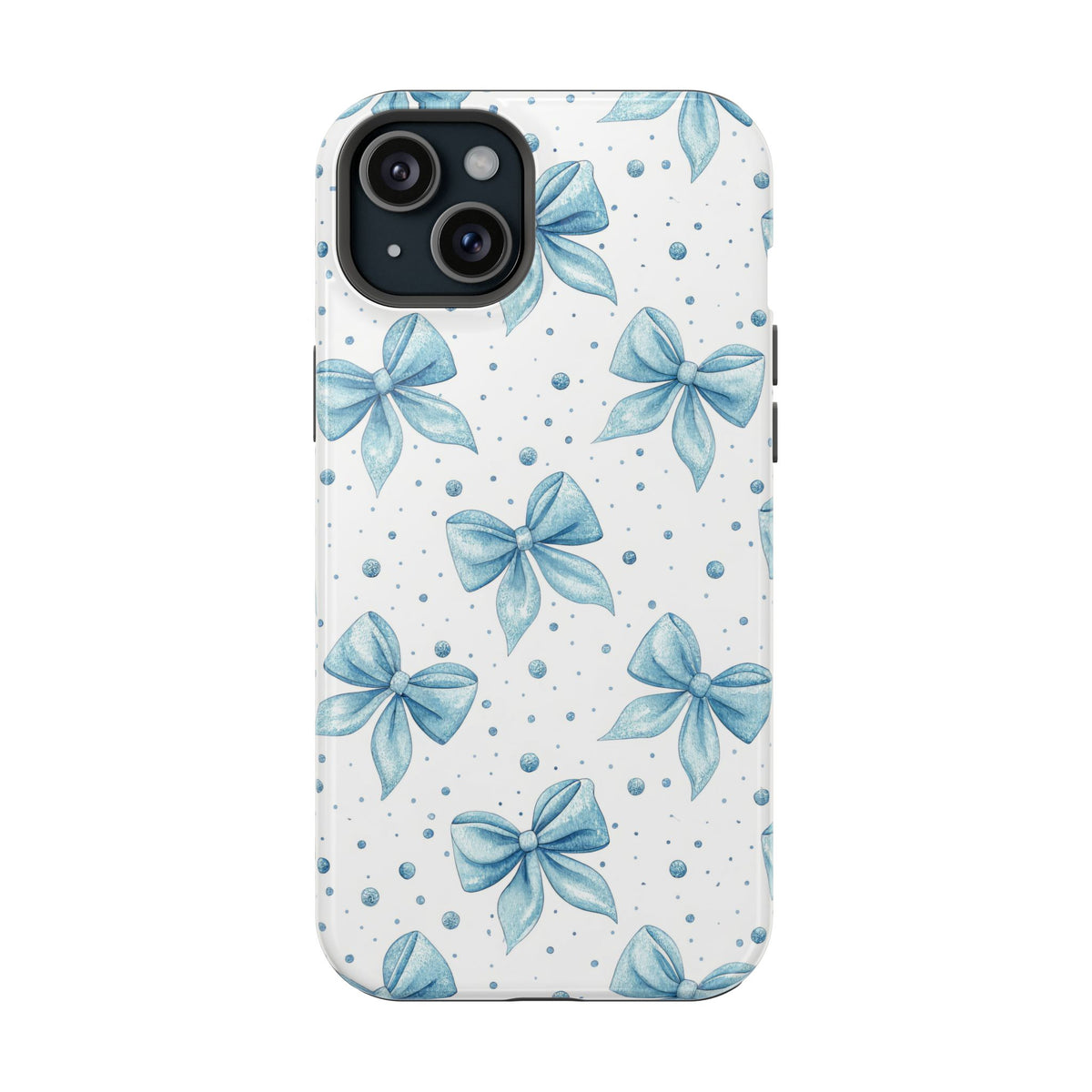 Powder Blue Bow MagSafe case for iPhone 15 Plus, glossy finish