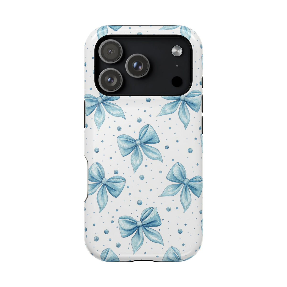 Powder Blue Bow MagSafe case for iPhone 17 Pro, glossy finish