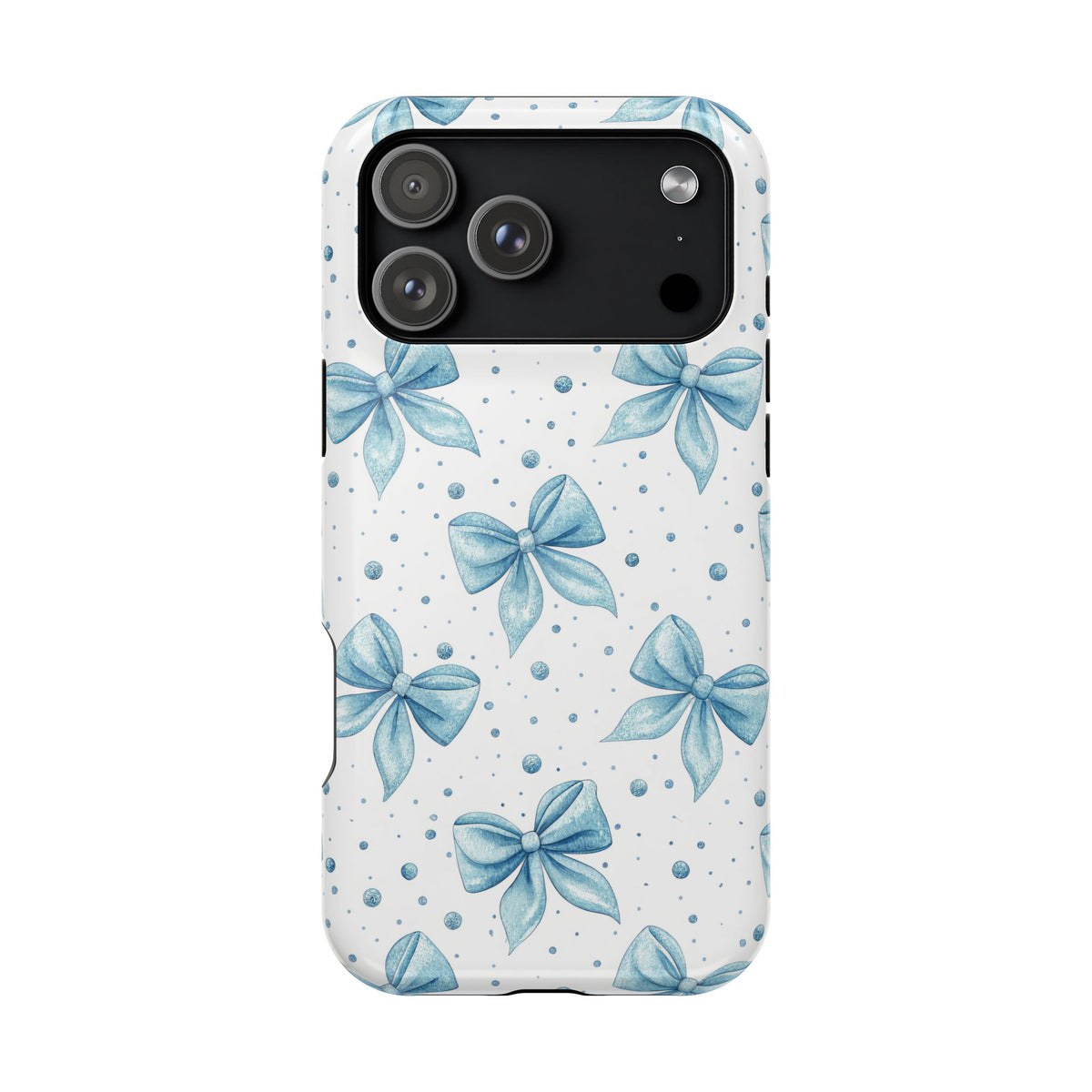 Powder Blue Bow MagSafe case for iPhone 17 Pro Max, glossy finish