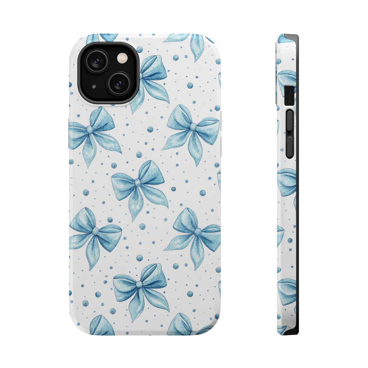 Powder Blue Bow MagSafe case for iPhone 14 Plus, glossy finish