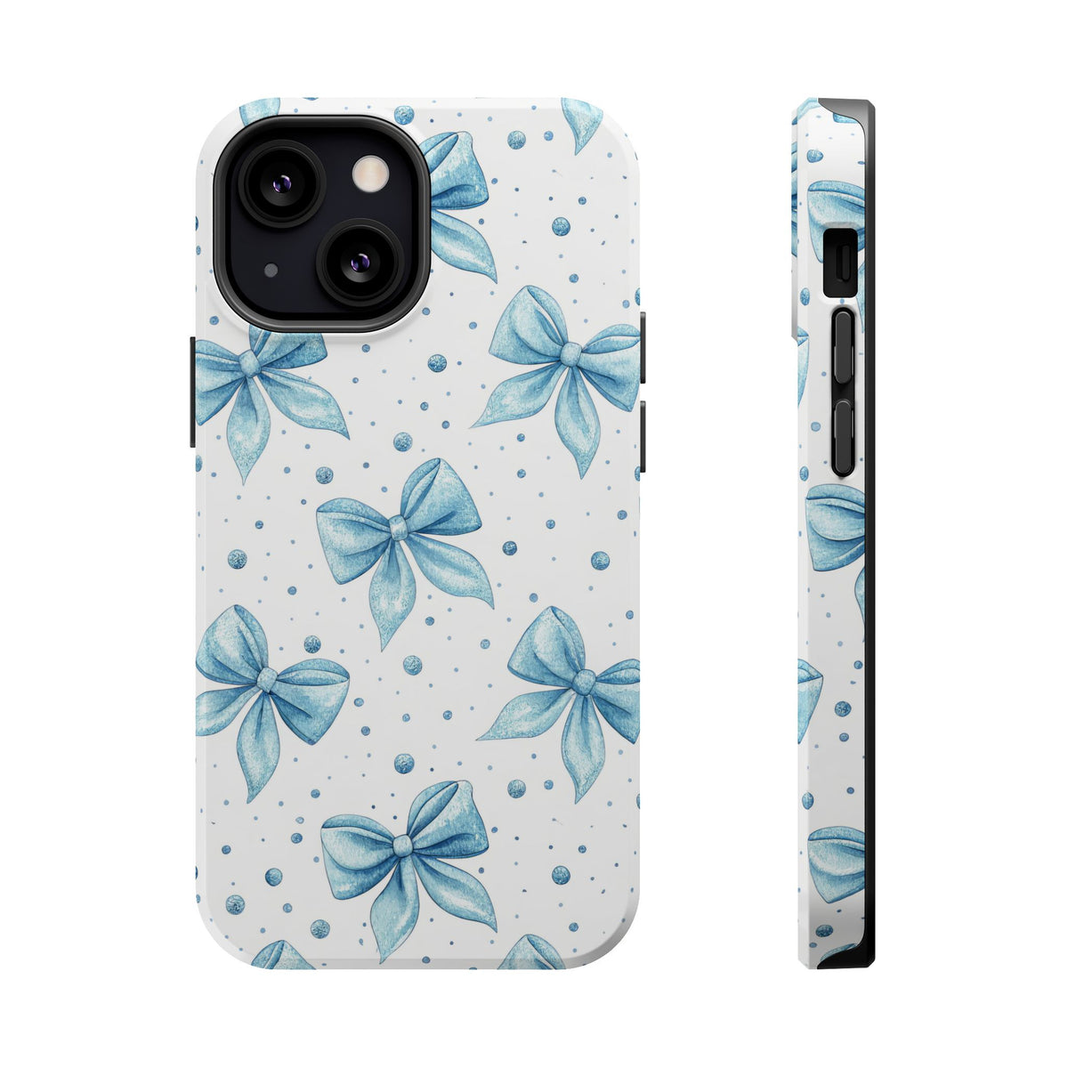 Powder Blue Bow MagSafe case for iPhone 13 Mini, glossy finish