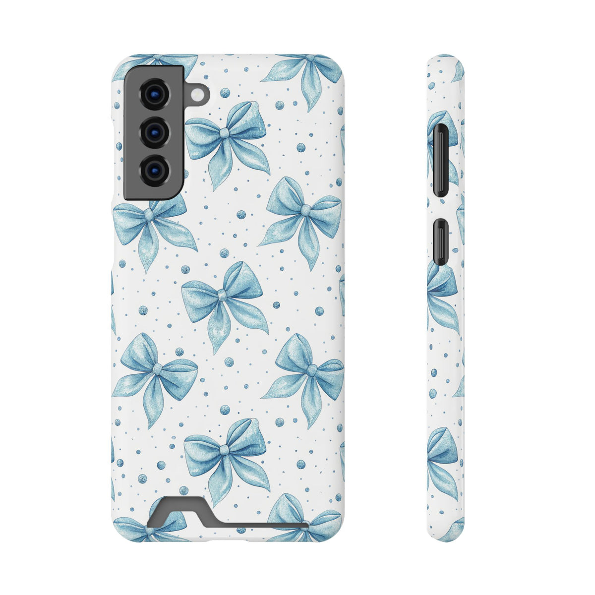 Powder Blue Bow phone case with card holder for Samsung Galaxy S21 Plus, glossy finish