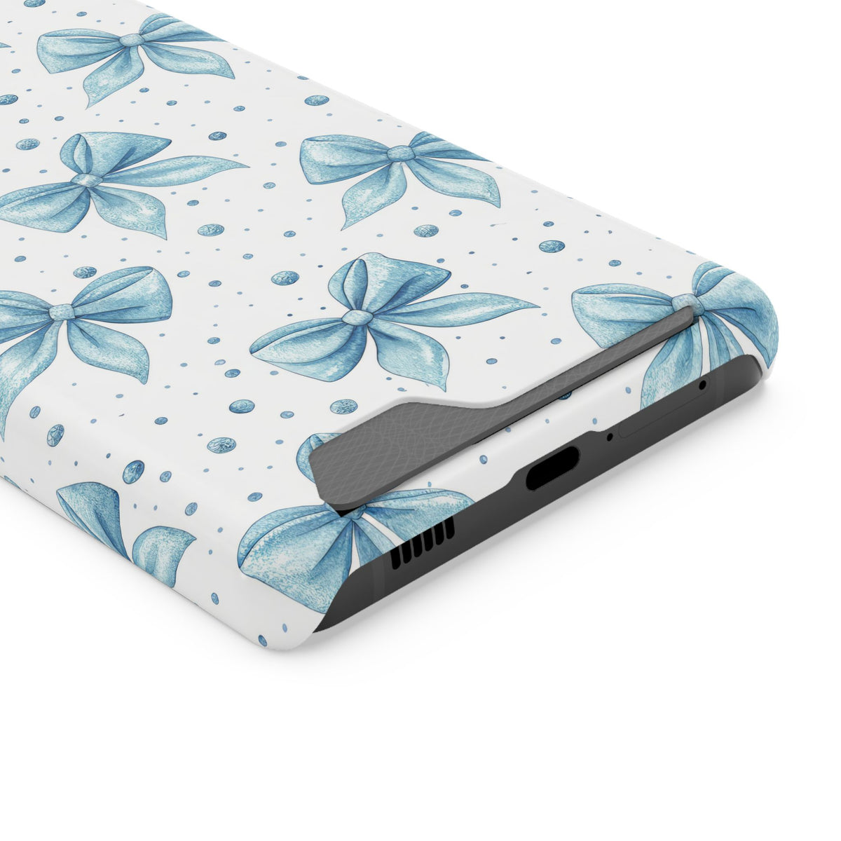Powder Blue Bow phone case with card holder for Samsung Galaxy S21 Ultra, glossy finish