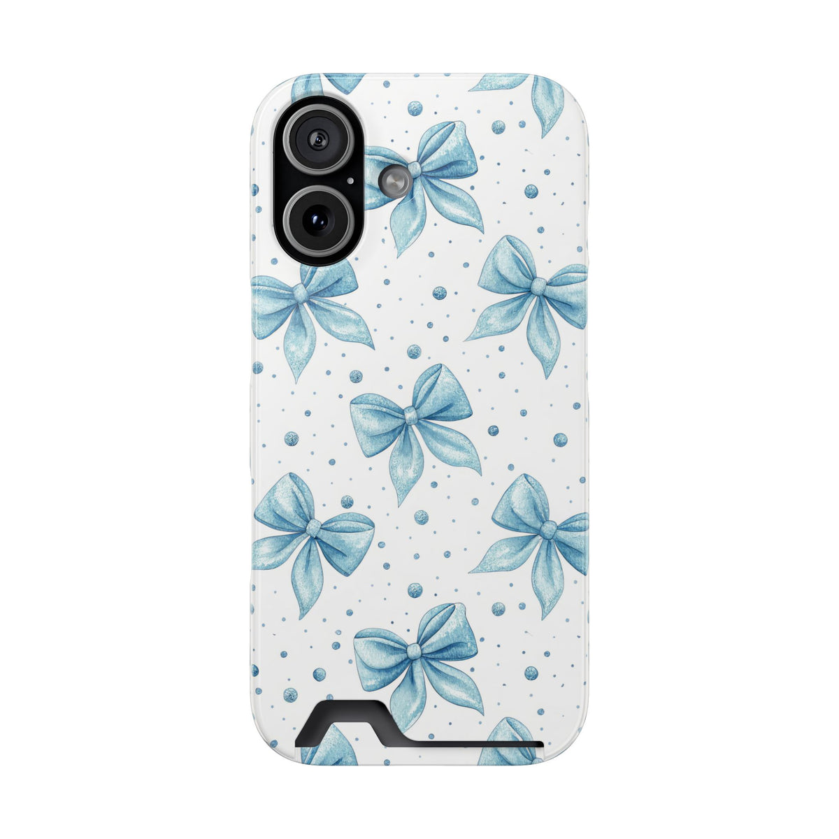 Powder Blue Bow phone case with card holder for iPhone 17, glossy finish