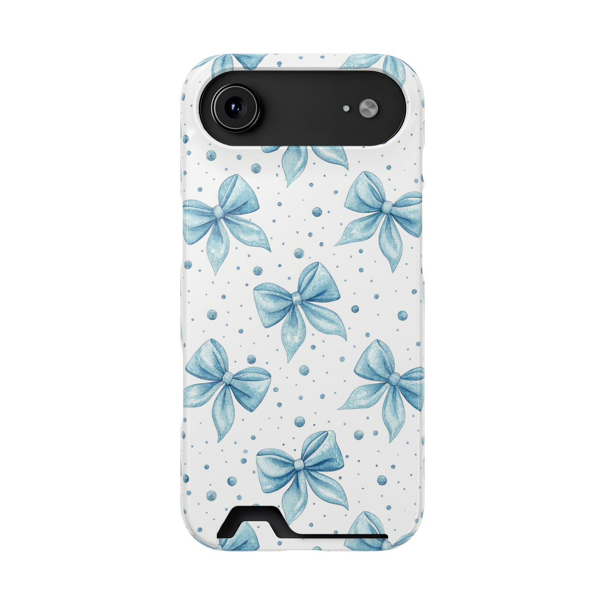 Powder Blue Bow phone case with card holder for iPhone 17 Air, glossy finish