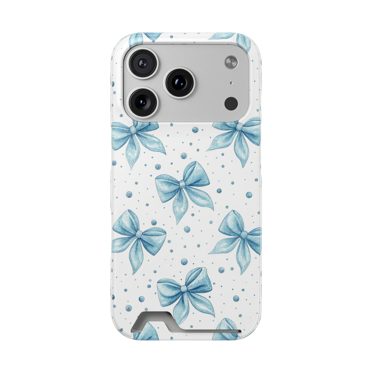 Powder Blue Bow phone case with card holder for iPhone 17 Pro, glossy finish