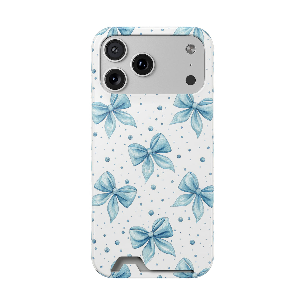 Powder Blue Bow phone case with card holder for iPhone 17 Pro Max, glossy finish