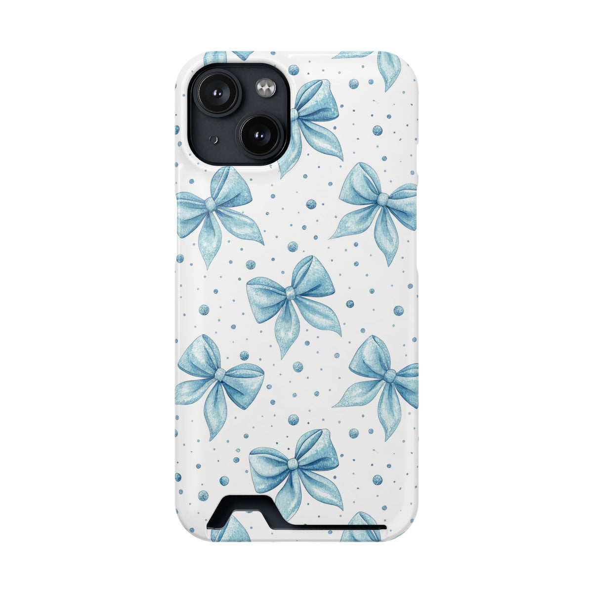 Powder Blue Bow phone case with card holder for iPhone 14, glossy finish
