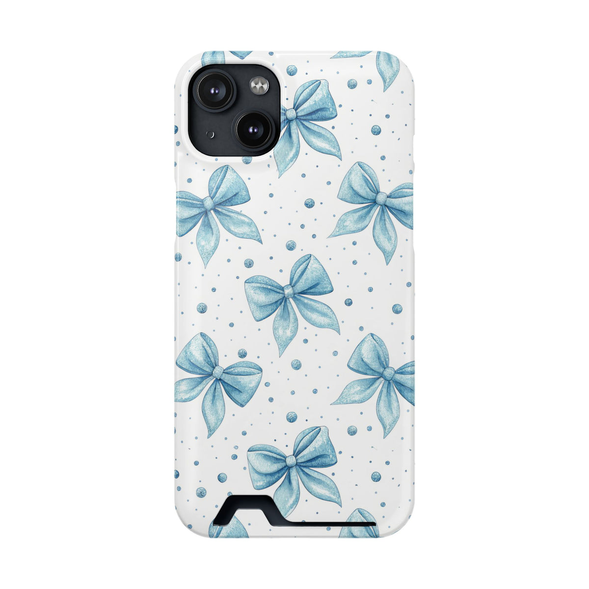 Powder Blue Bow phone case with card holder for iPhone 14 Plus, glossy finish