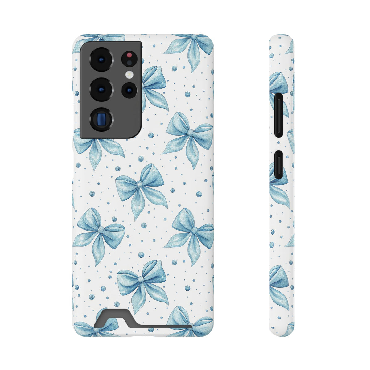 Powder Blue Bow phone case with card holder for Samsung Galaxy S22 Plus, glossy finish