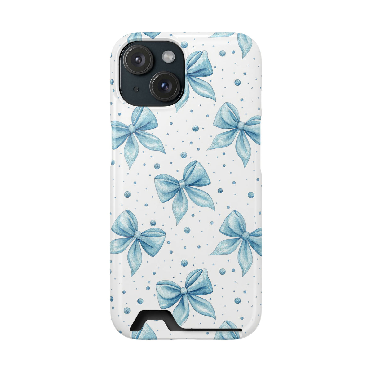 Powder Blue Bow phone case with card holder for iPhone 15, glossy finish
