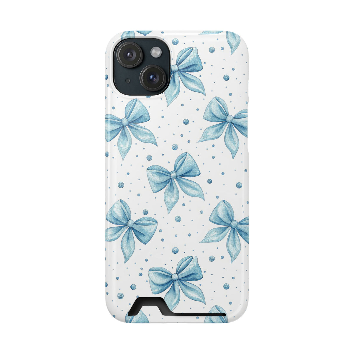 Powder Blue Bow phone case with card holder for iPhone 15 Plus, glossy finish