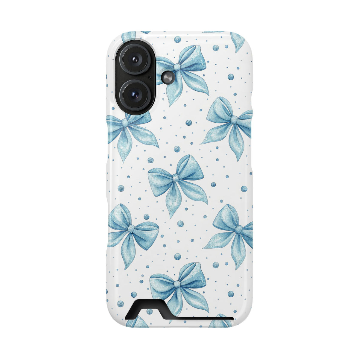 Powder Blue Bow phone case with card holder for iPhone 16, glossy finish