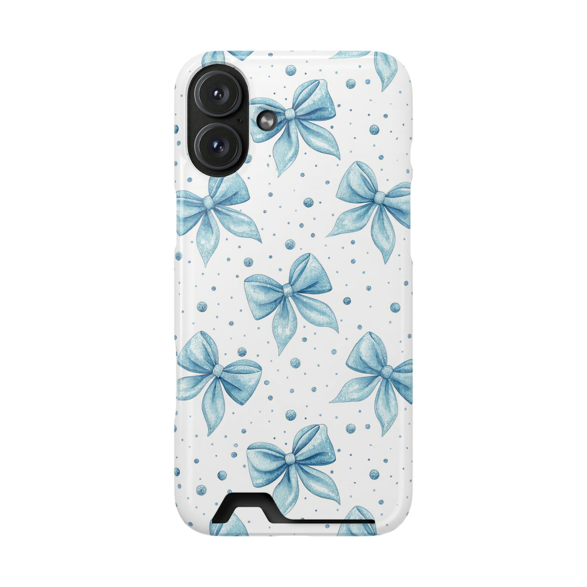 Powder Blue Bow phone case with card holder for iPhone 16 Plus, glossy finish