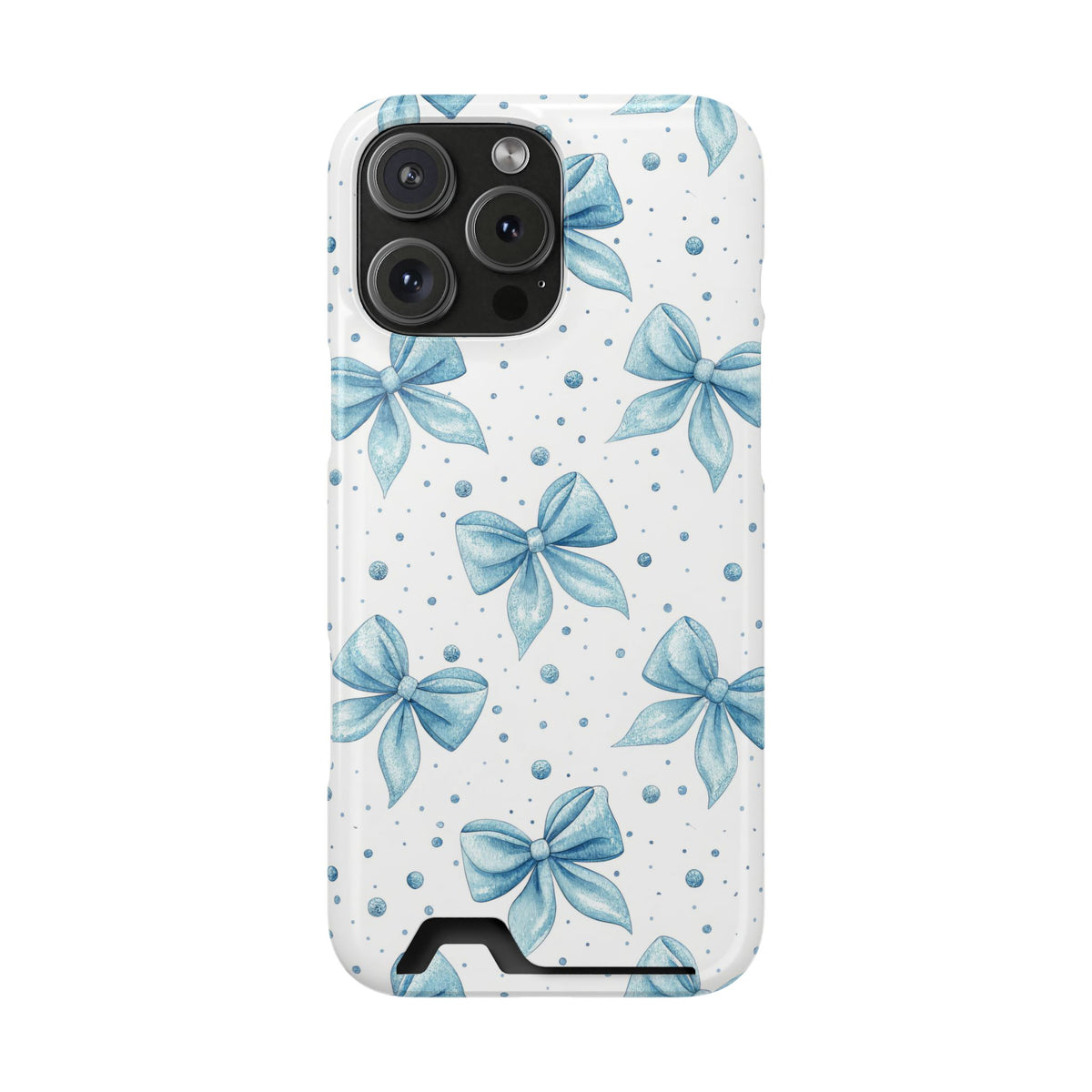Powder Blue Bow phone case with card holder for iPhone 16 Pro Max, glossy finish