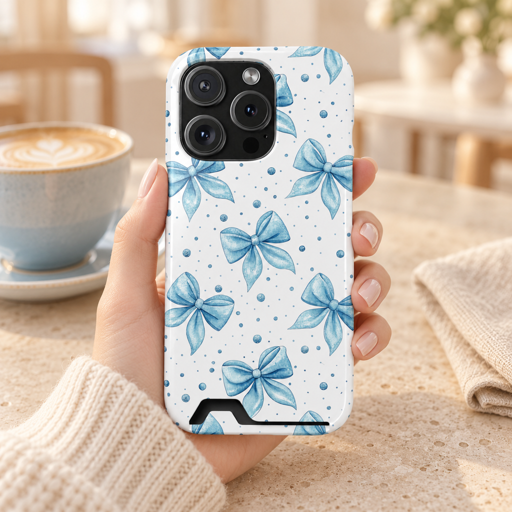 Powder Blue Bow phone case with card holder, powder blue bows and tiny dots on white, lifestyle photo in hand with coffee
