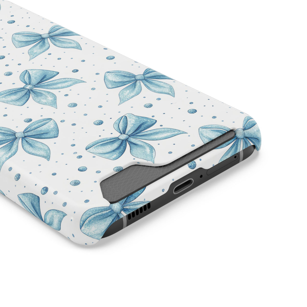 Powder Blue Bow phone case with card holder, close-up of the card slot