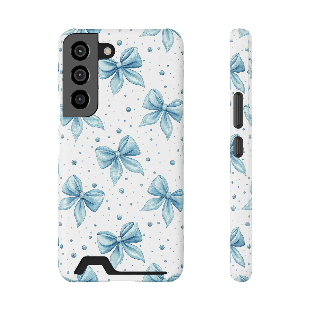 Powder Blue Bow phone case with card holder for Samsung Galaxy S22, glossy finish