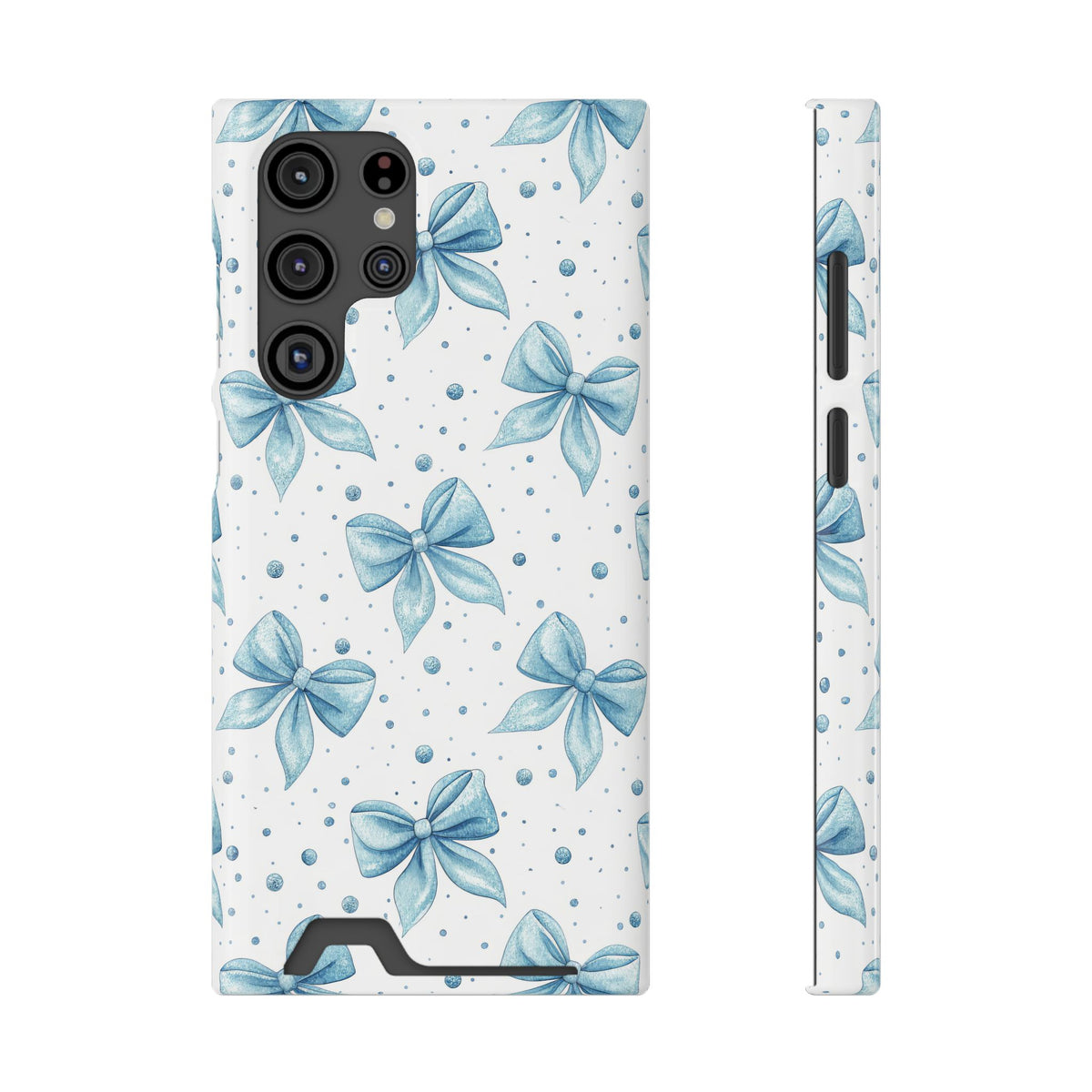 Powder Blue Bow phone case with card holder for Samsung Galaxy S22 Ultra, glossy finish