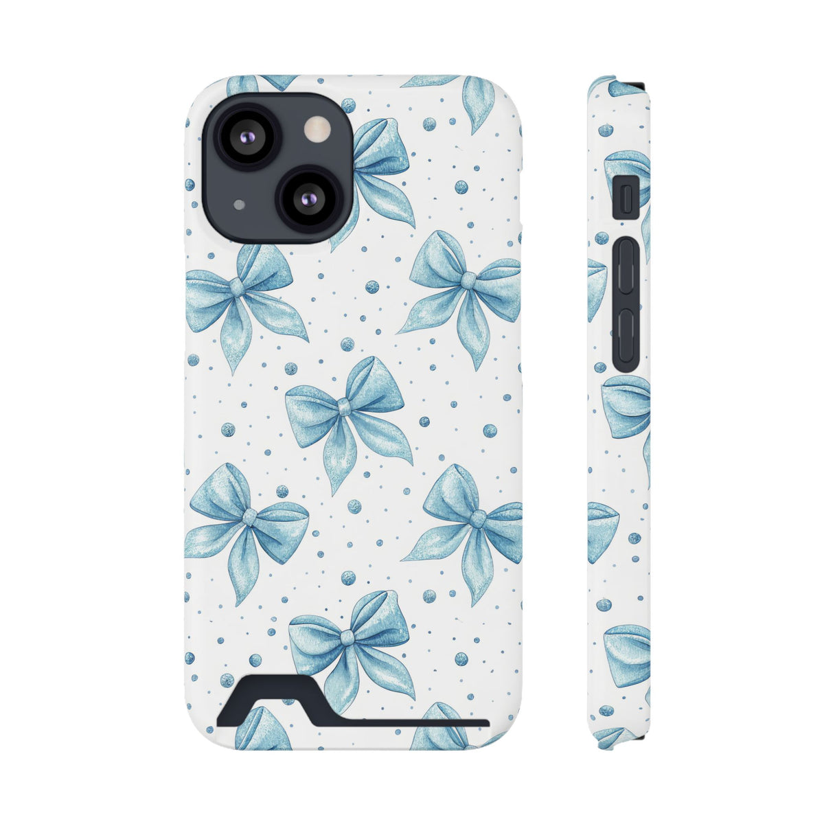 Powder Blue Bow phone case with card holder for iPhone 13 Mini, glossy finish