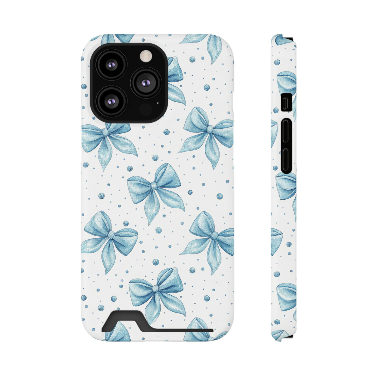 Powder Blue Bow phone case with card holder for iPhone 13 Pro, glossy finish