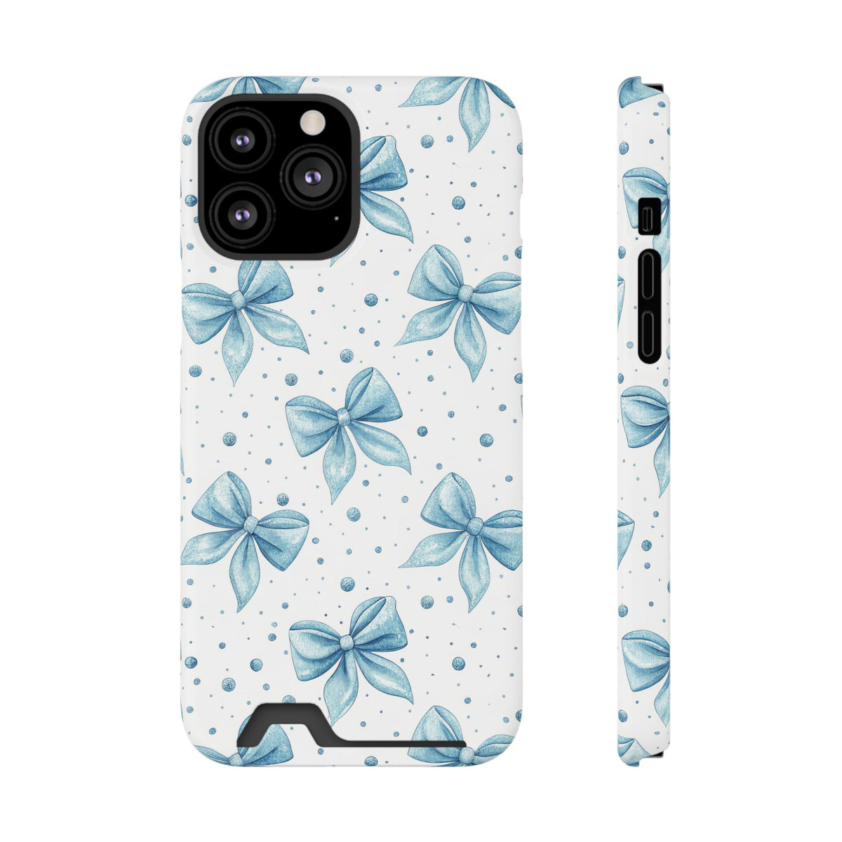 Powder Blue Bow phone case with card holder for iPhone 13 Pro Max, glossy finish