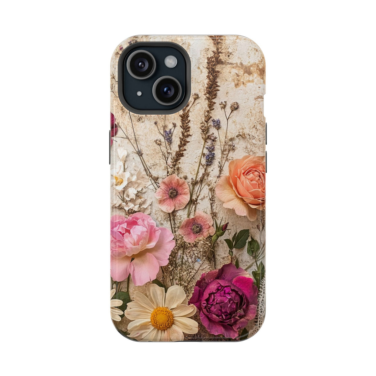 Pressed Bouquet protective phone case for iPhone 15, glossy finish
