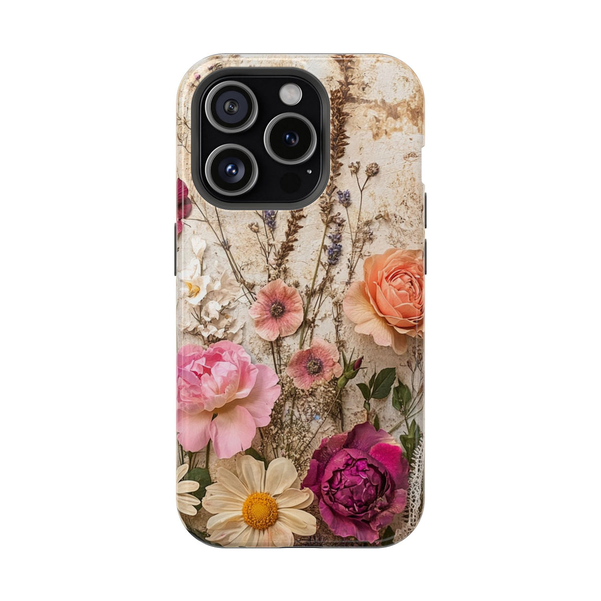 Pressed Bouquet protective phone case for iPhone 15 Pro, glossy finish