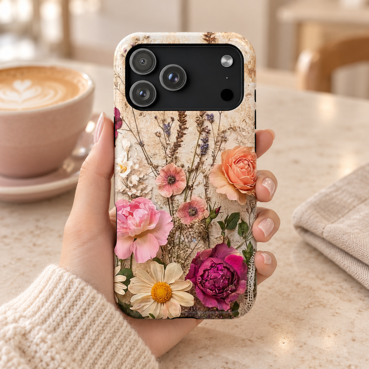 Pressed Bouquet protective phone case, pressed roses, daisies and lavender on cream, lifestyle photo in hand with coffee