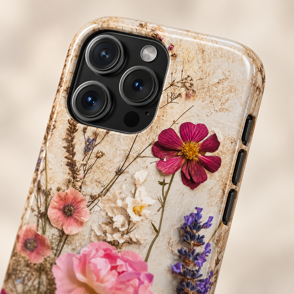 Pressed Bouquet protective phone case, pressed roses, daisies and lavender on cream, lifestyle close-up of the camera