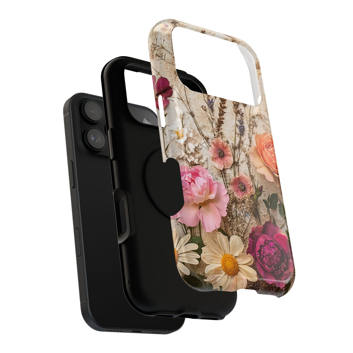 Pressed Bouquet protective phone case, close-up of the dual-layer construction