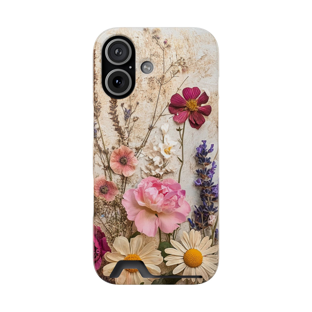 Pressed Bouquet phone case with card holder for iPhone 17, glossy finish