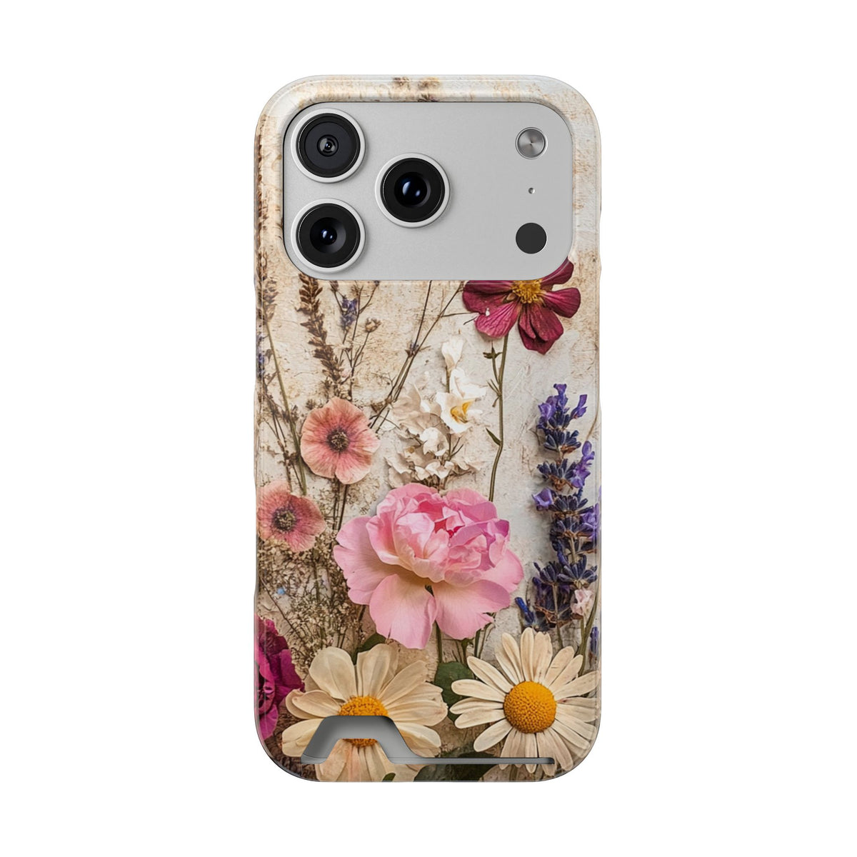 Pressed Bouquet phone case with card holder for iPhone 17 Pro, glossy finish