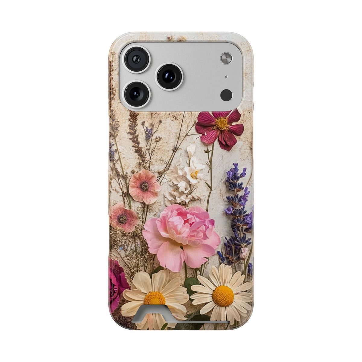 Pressed Bouquet phone case with card holder for iPhone 17 Pro Max, glossy finish
