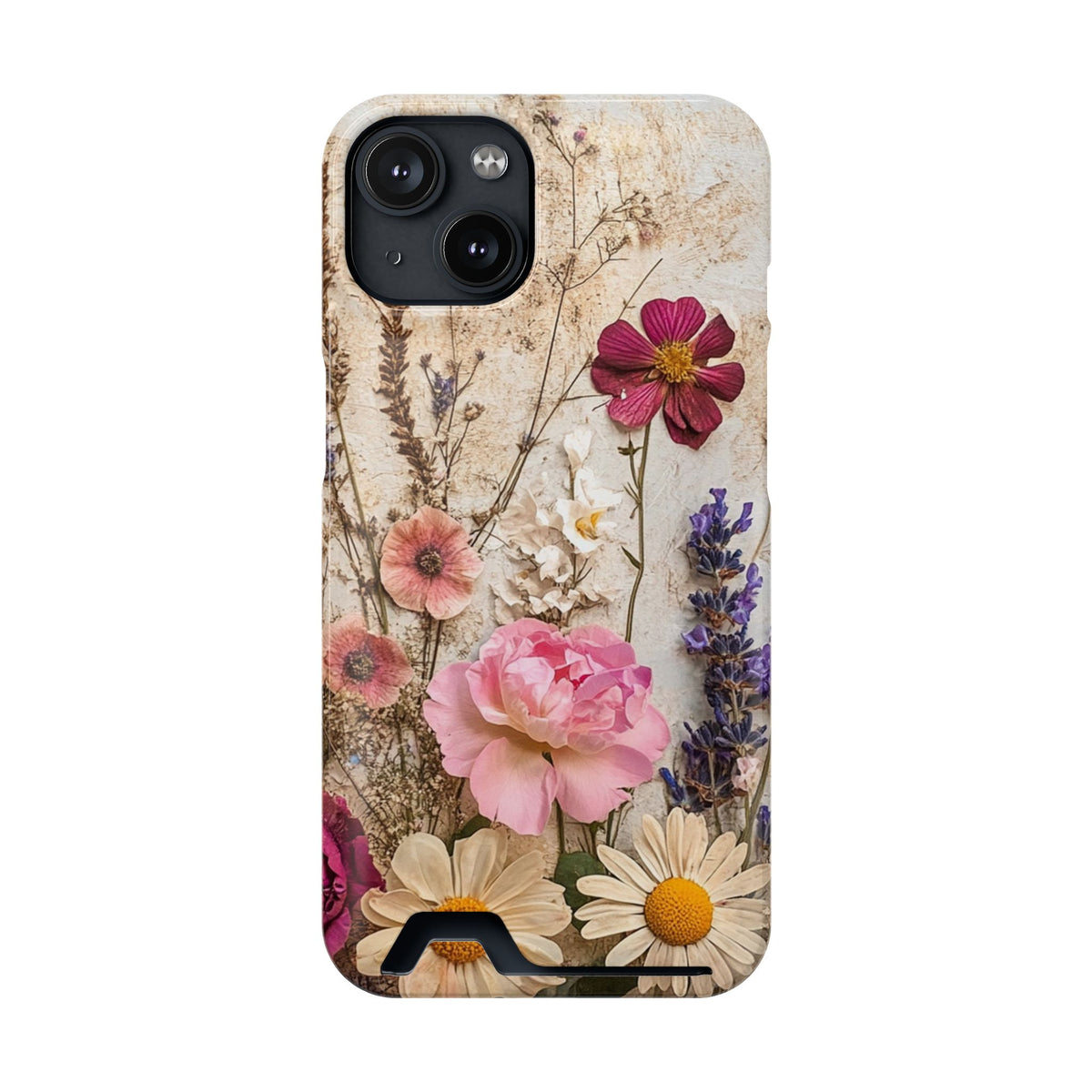 Pressed Bouquet phone case with card holder for iPhone 14, glossy finish