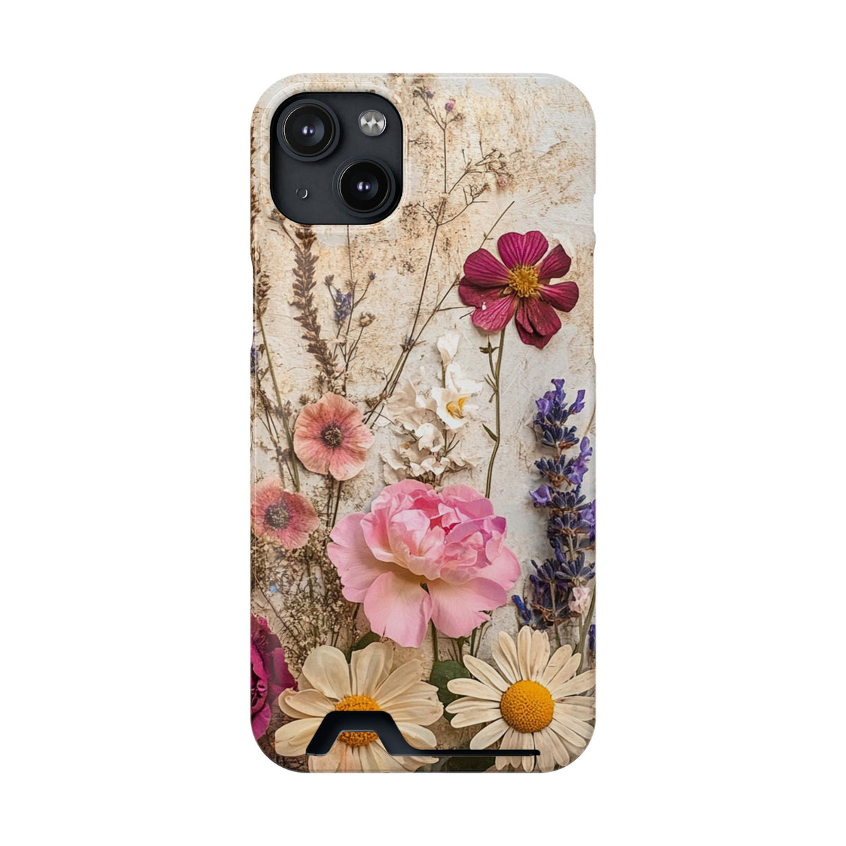 Pressed Bouquet phone case with card holder for iPhone 14 Plus, glossy finish