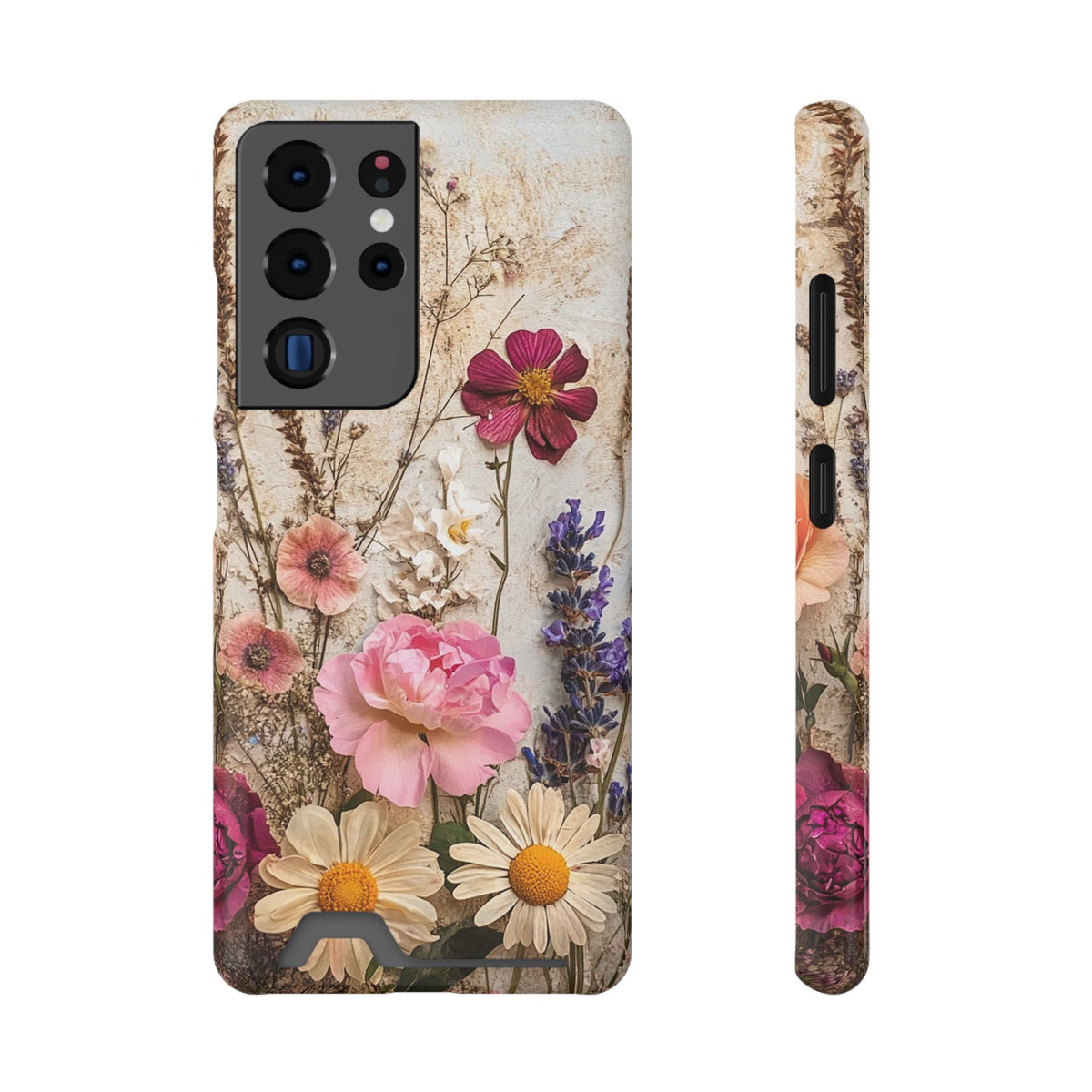 Pressed Bouquet phone case with card holder for Samsung Galaxy S22 Plus, glossy finish