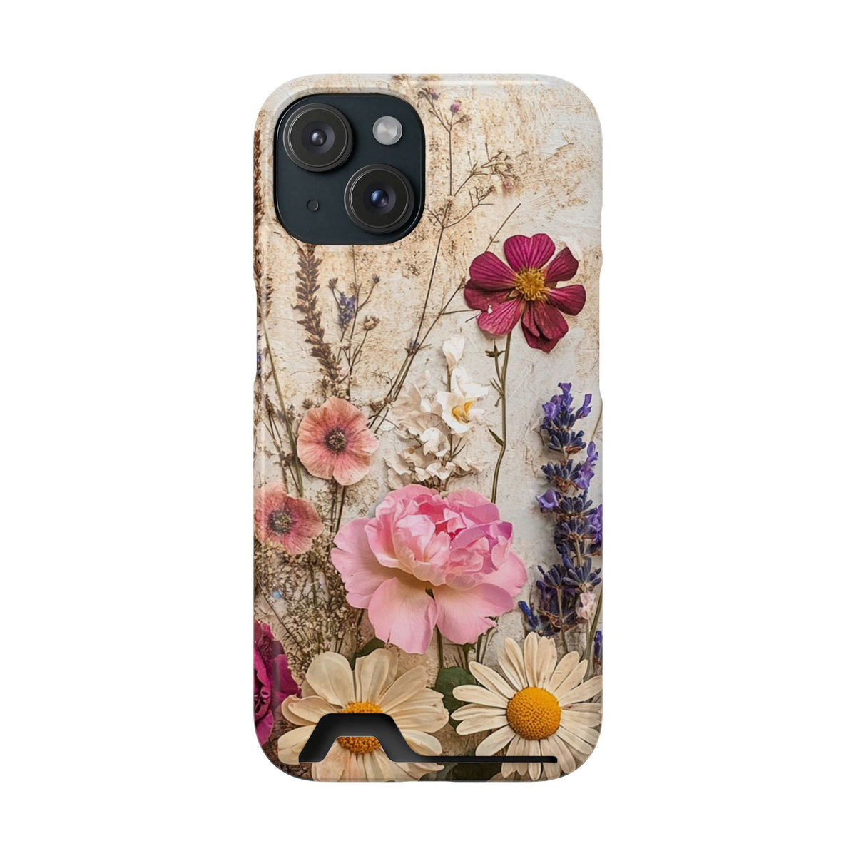 Pressed Bouquet phone case with card holder for iPhone 15, glossy finish