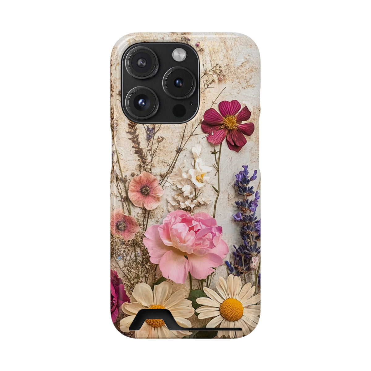 Pressed Bouquet phone case with card holder for iPhone 15 Pro, glossy finish