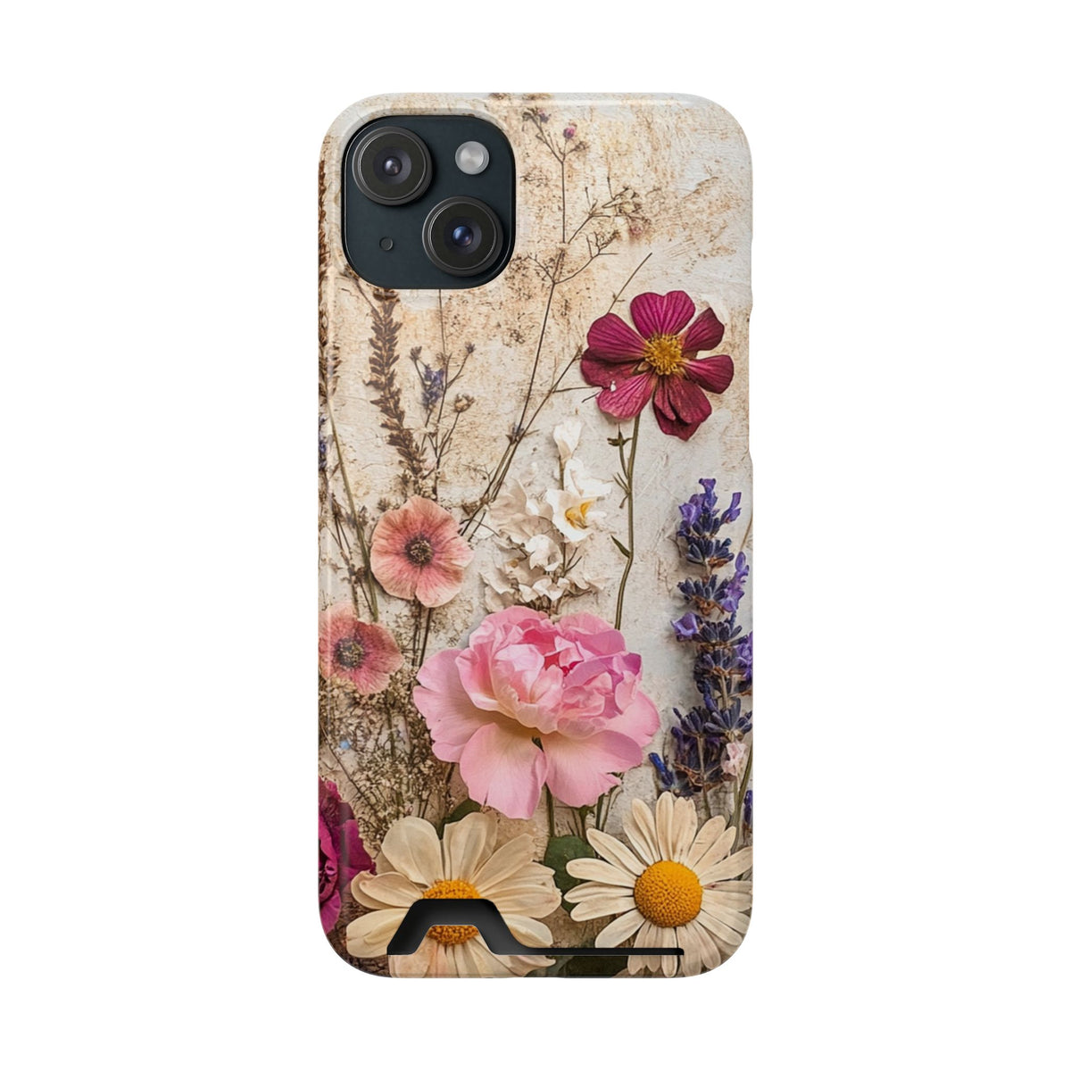 Pressed Bouquet phone case with card holder for iPhone 15 Plus, glossy finish