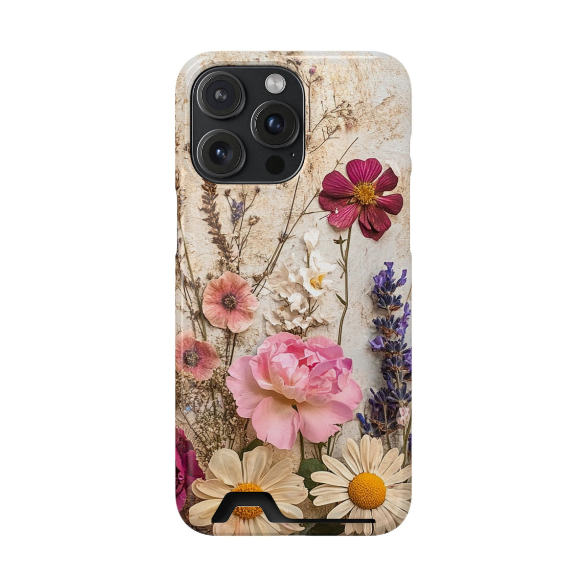 Pressed Bouquet phone case with card holder for iPhone 15 Pro Max, glossy finish