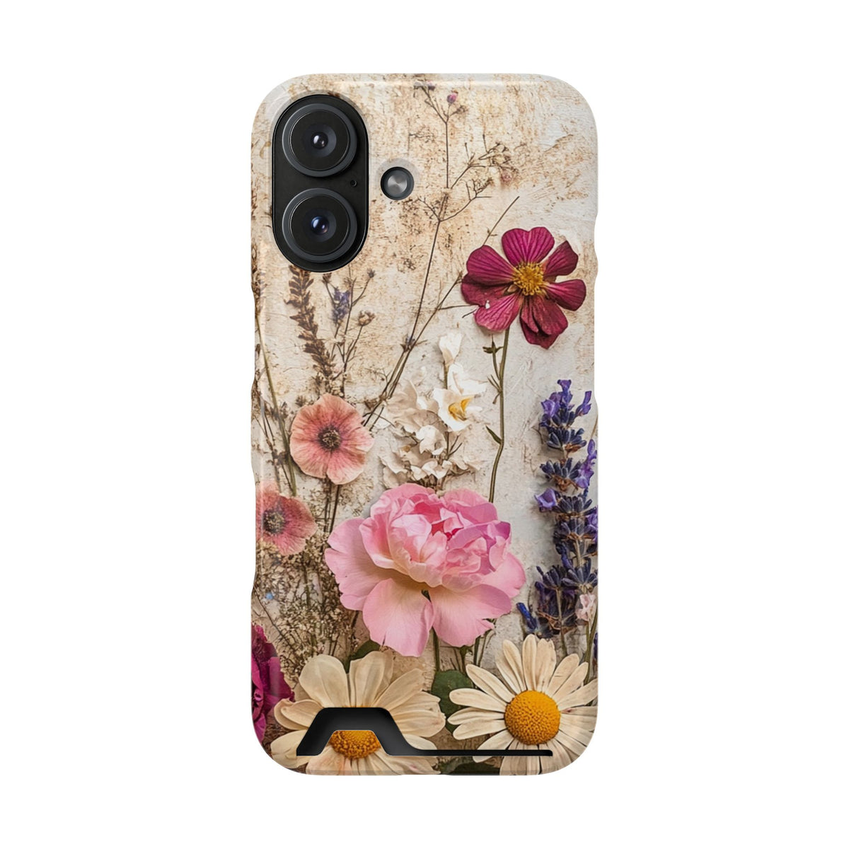 Pressed Bouquet phone case with card holder for iPhone 16, glossy finish