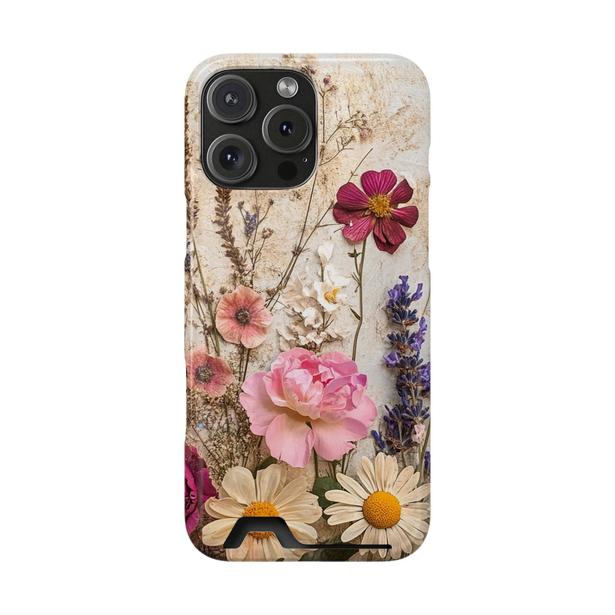 Pressed Bouquet phone case with card holder for iPhone 16 Pro Max, glossy finish