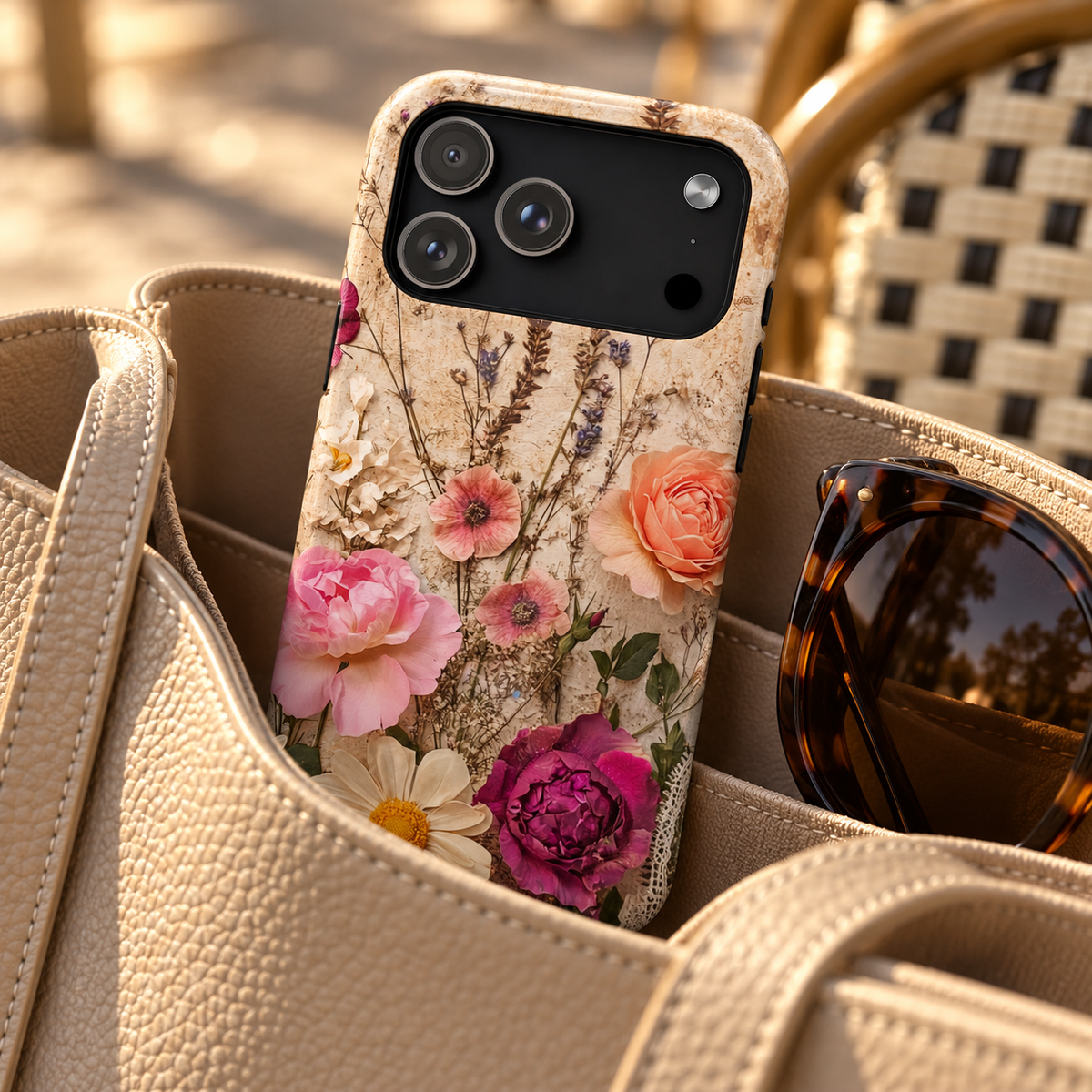 Pressed Bouquet phone case with card holder, pressed roses, daisies and lavender on cream, lifestyle photo in a handbag