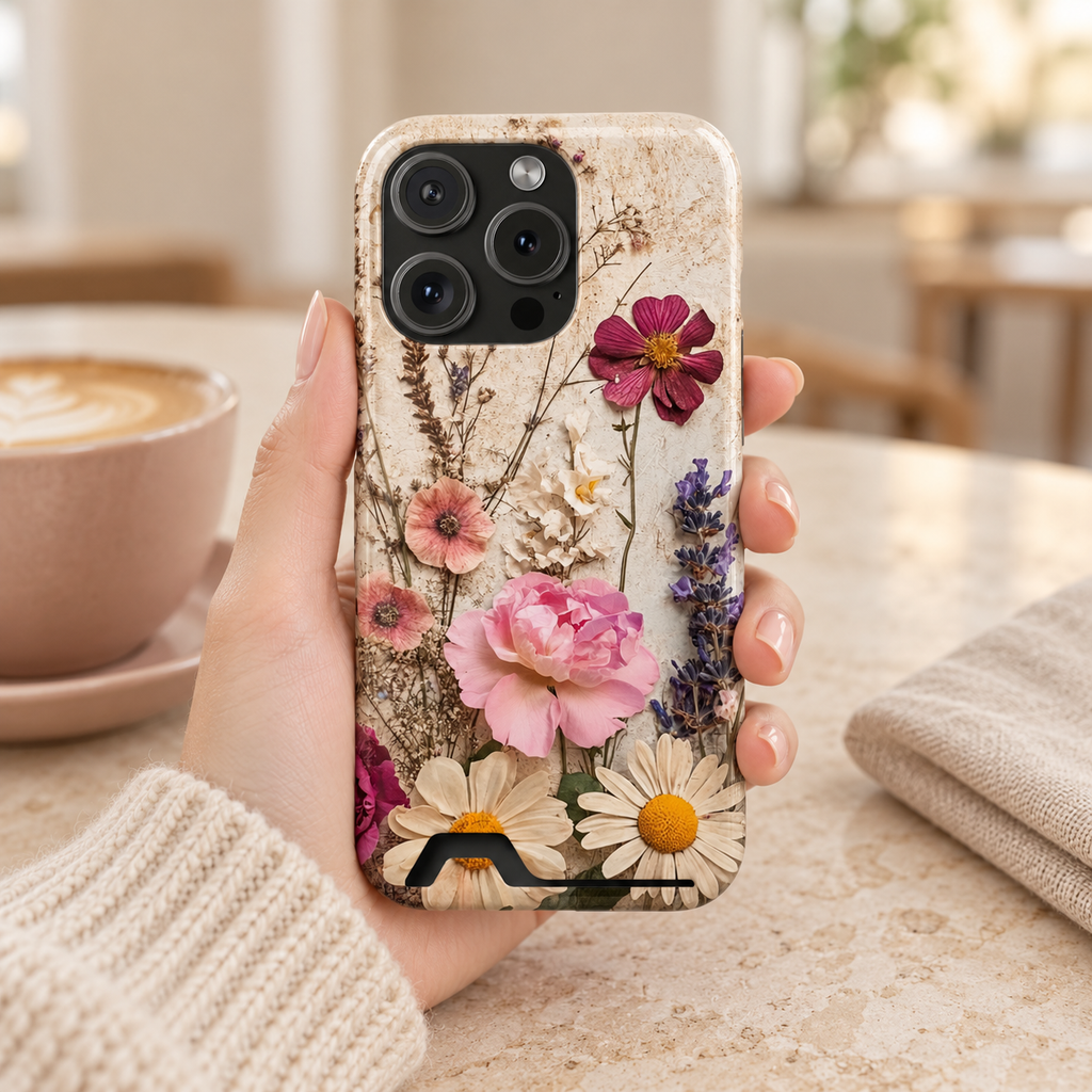 Pressed Bouquet phone case with card holder, pressed roses, daisies and lavender on cream, lifestyle photo in hand with coffee